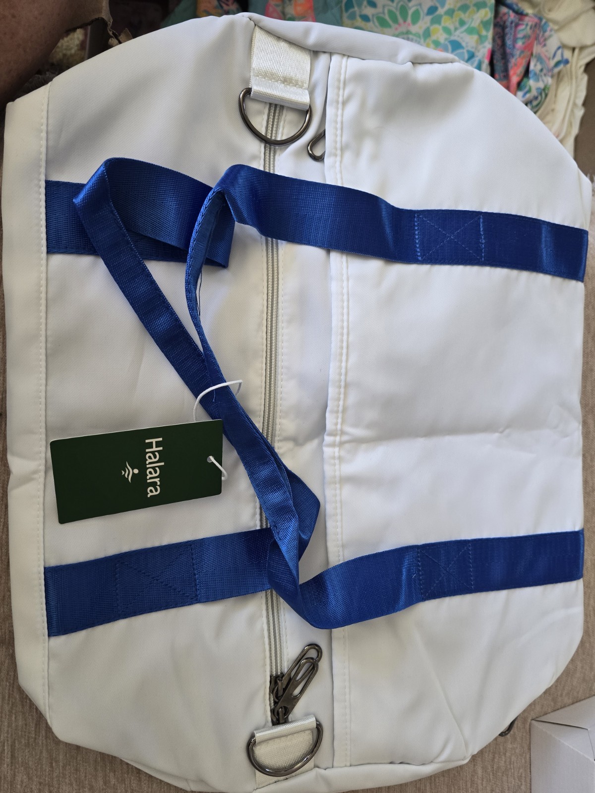 Halara white Duffle Travel bag new with tags w/shoulder strap. white & blue