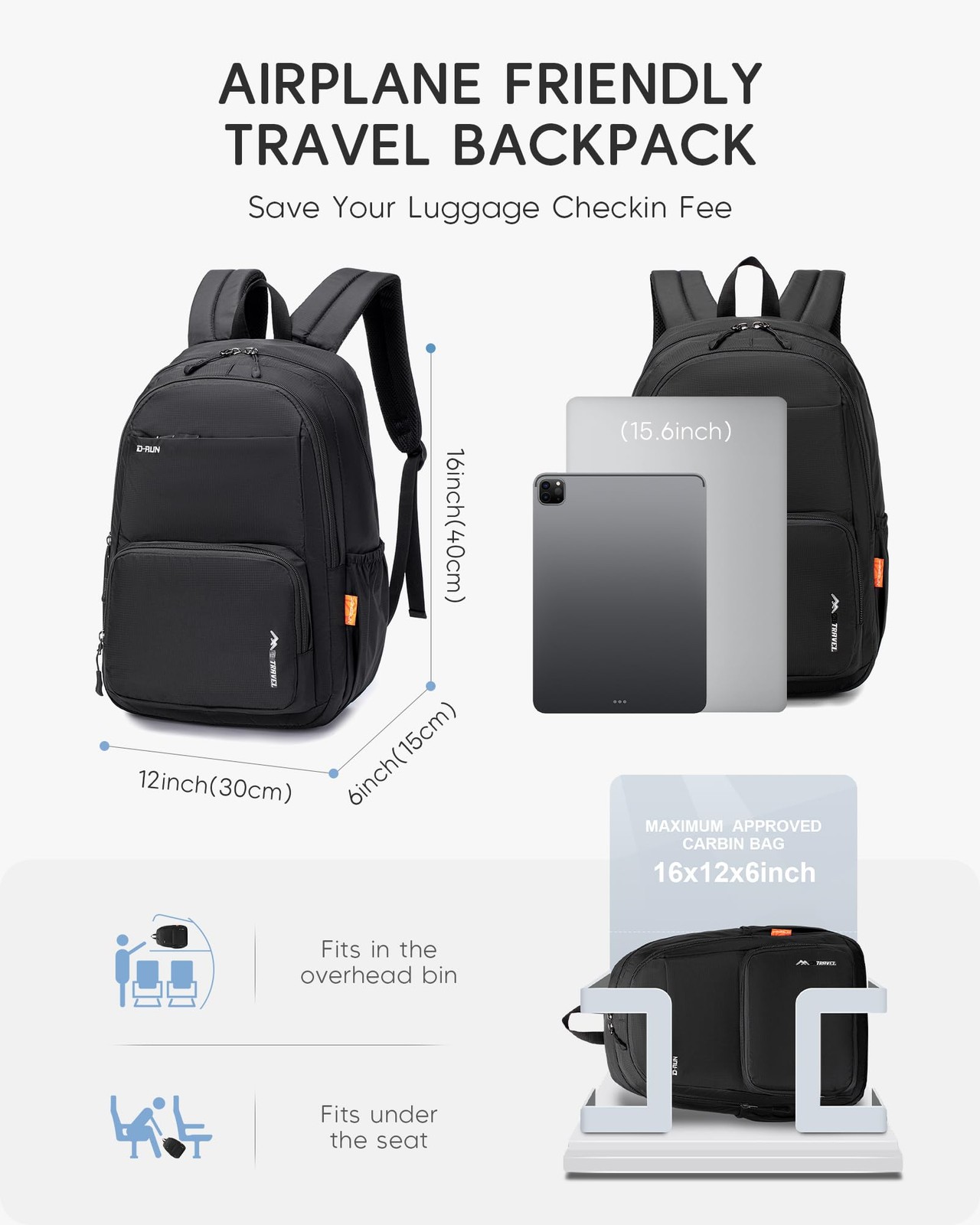 40x30x15 cm Personal Item Travel Bag,16x12x6 inch Small Carry On Backpack 20L…