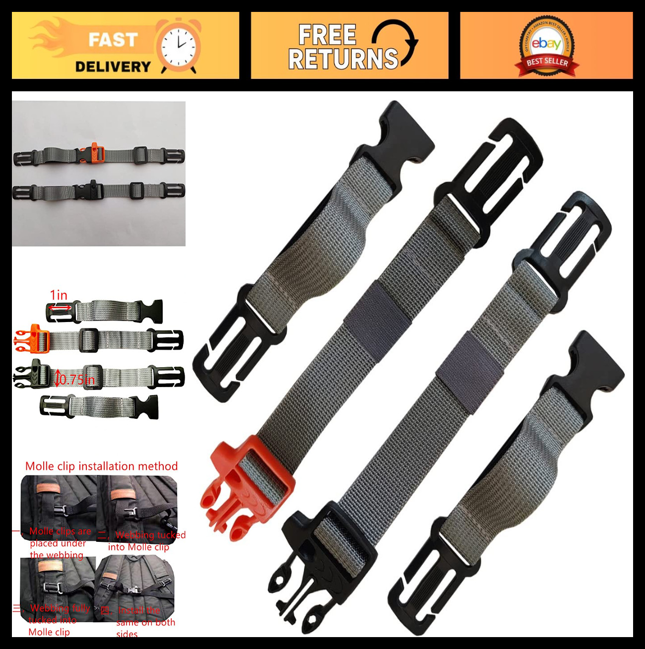 2 Pack Chest Strap for Backpack – Nylon 3/4″ Webbing Sternum Belt – Grey