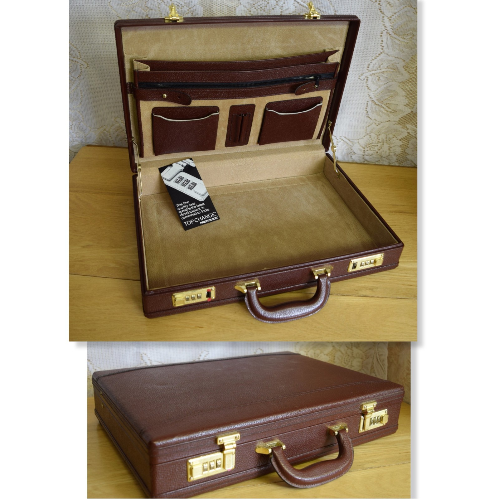 VTG Prestolock Combination Lock Mens Red Leather Attache Briefcase Hard Sided