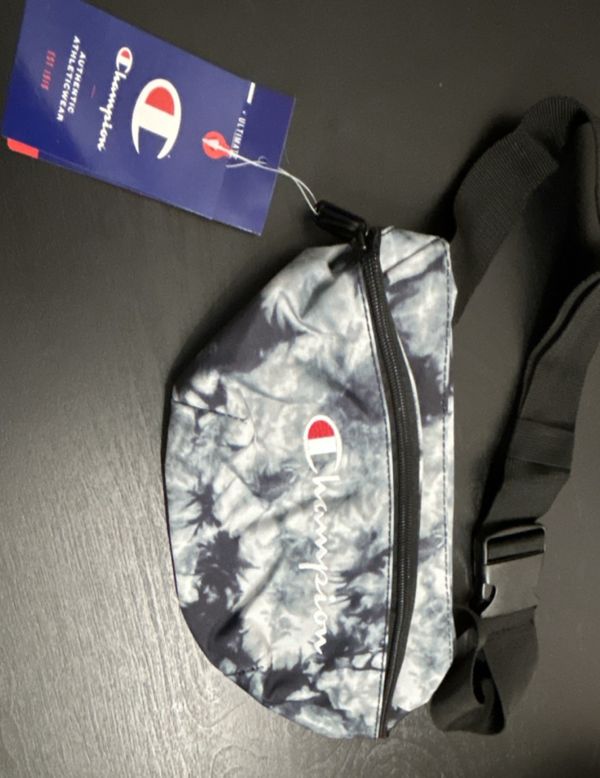 Champion Tie Dye Fanny Pack Belt Bag Adjustable Strap Zip Black Gray White