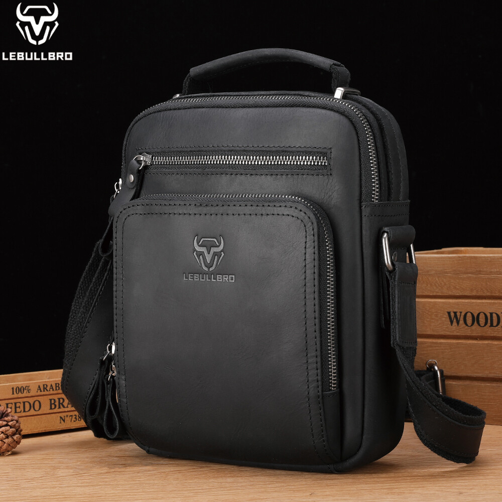 Men’s Genuine Crazy Horse Leather Crossbody Bag Casual Multi-Pocket Shoulder Bag