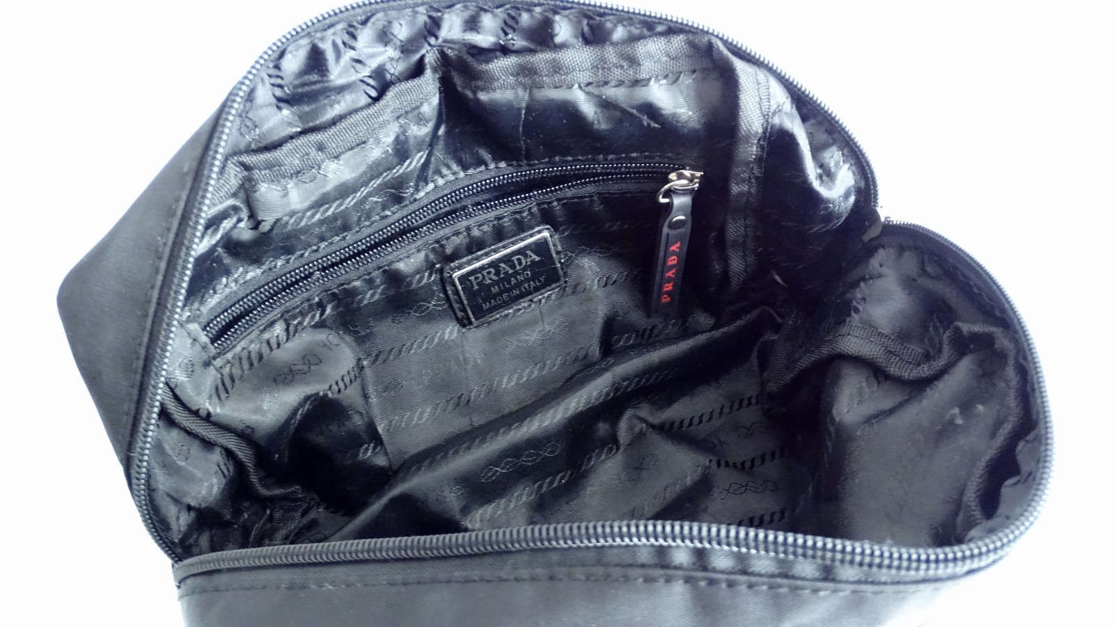 Prada Tessuto Dopp Kit Travel Wash Case Toiletry Bag – Black Red Stripe Logo