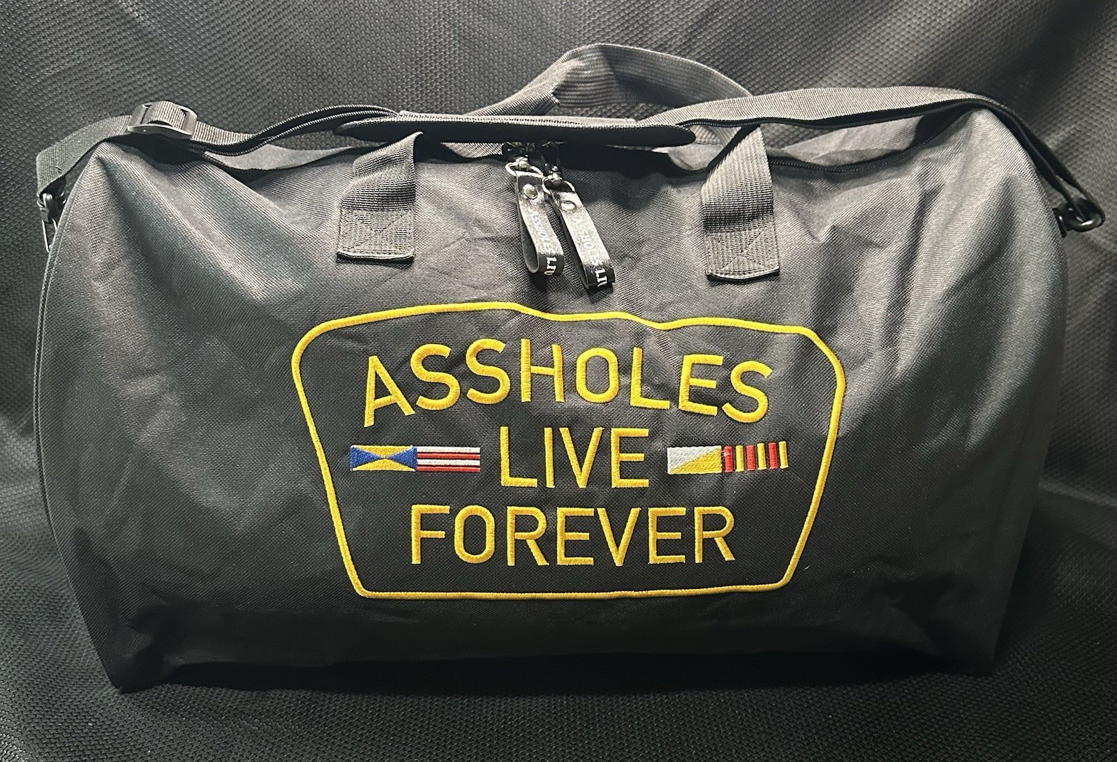 ALF Assholes*s Live Forever Black And Yellow Embroidered Duffel Bag 20” W/Strap