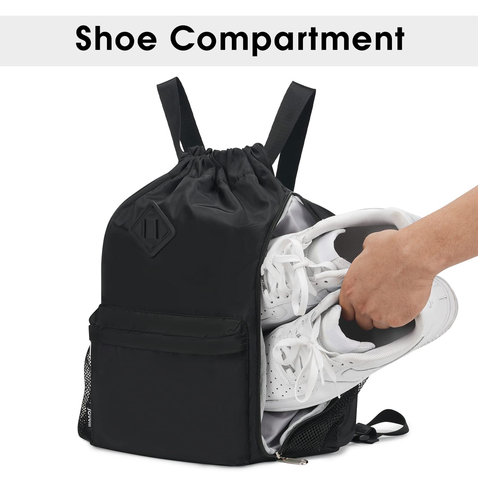 Large Black Drawstring Backpack Sports Gym Bag Shoes Compartment WaterProof