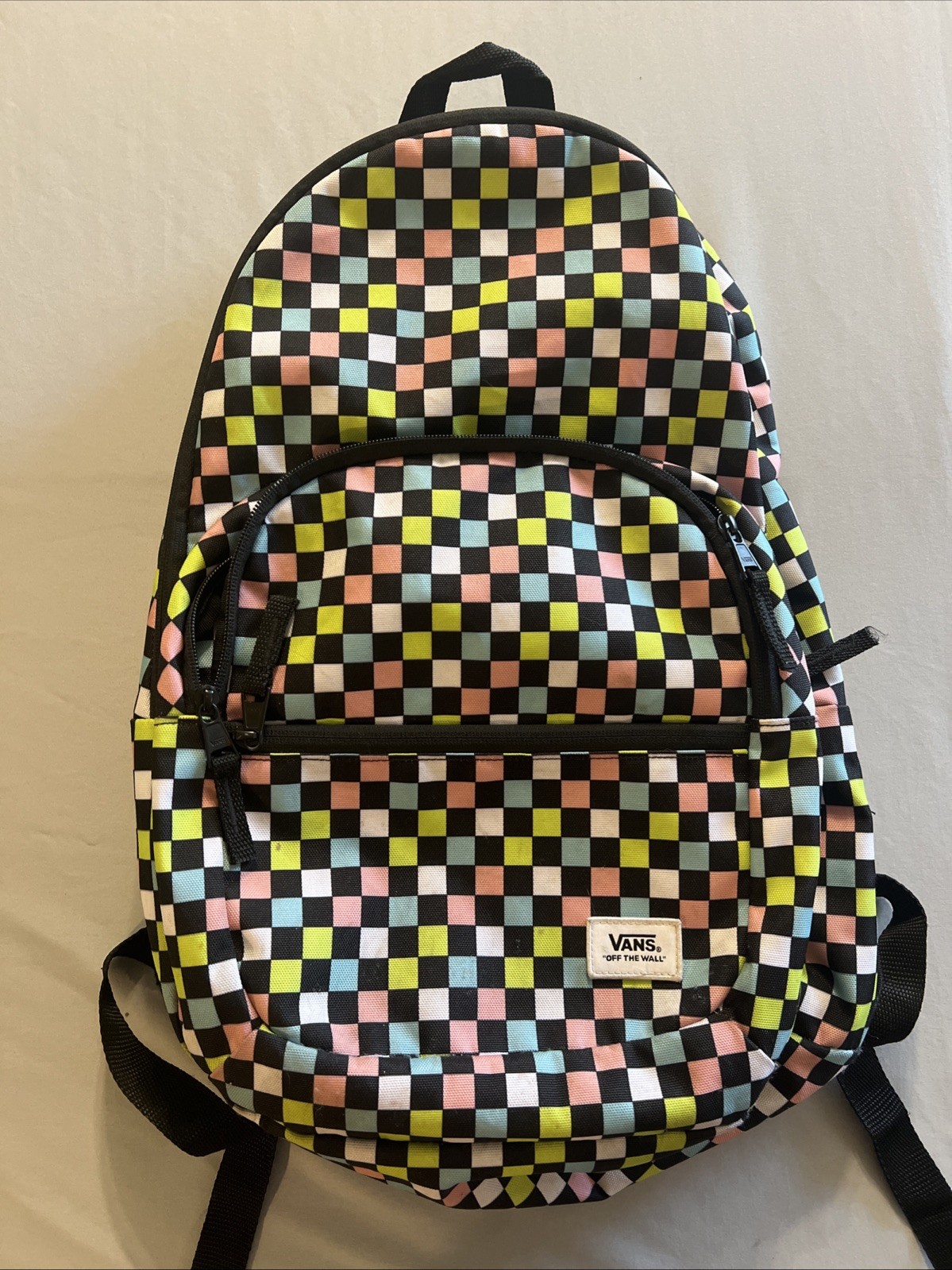 VANS BACKPACK Checkered Pattern Bookbag Multicolor Pink Blue Green Off The Wall