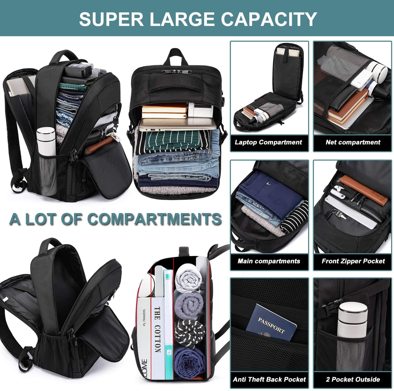 Extra Large Backpack for Men 50L,Water Resistant 17.3 Inch Travel Laptop Backpac