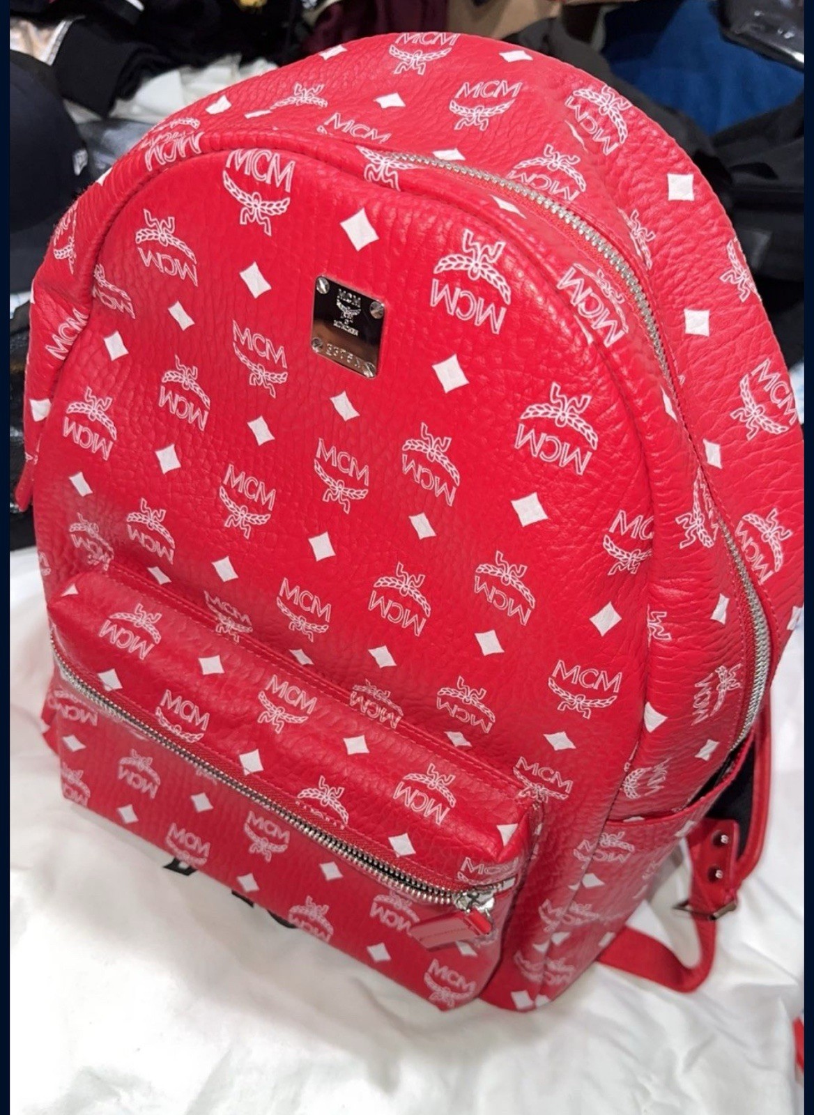 MCM Visetos White Logo Medium Ruby Red Backpack Authentic