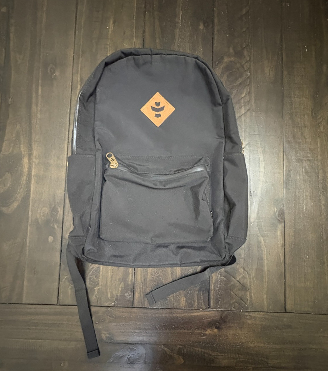 Revelry Water Resistant Black Tan Backpack Zipper needs repair see description