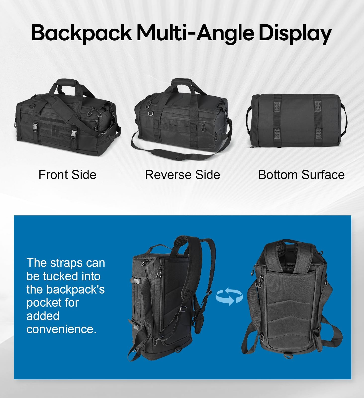50L Large Duffle Bag Black – 3-in-1 Tactical Backpack MOLLE Pack