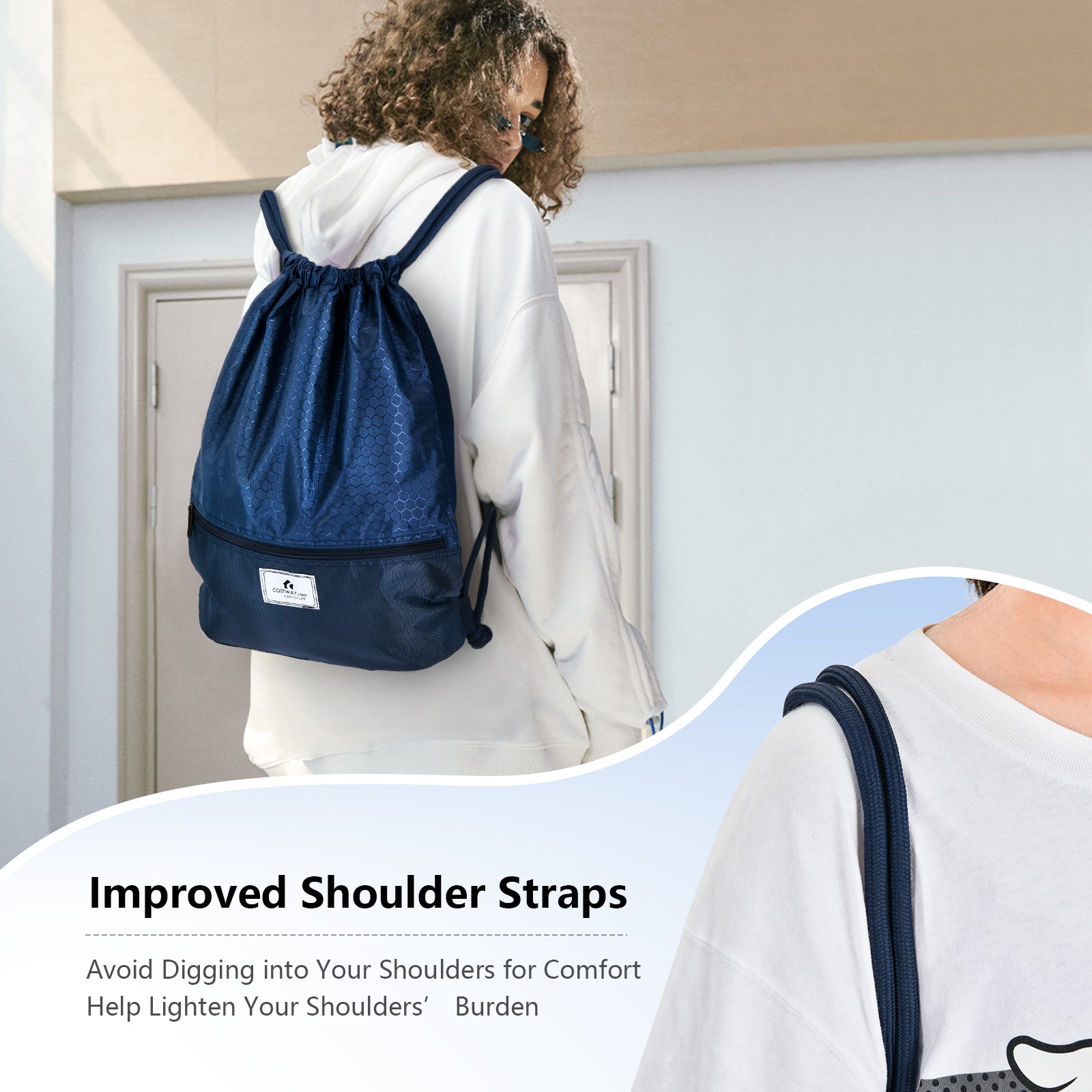 Costway Drawstring Backpack String Bag Folding Sports Sack w/Zipper Pocket Blue