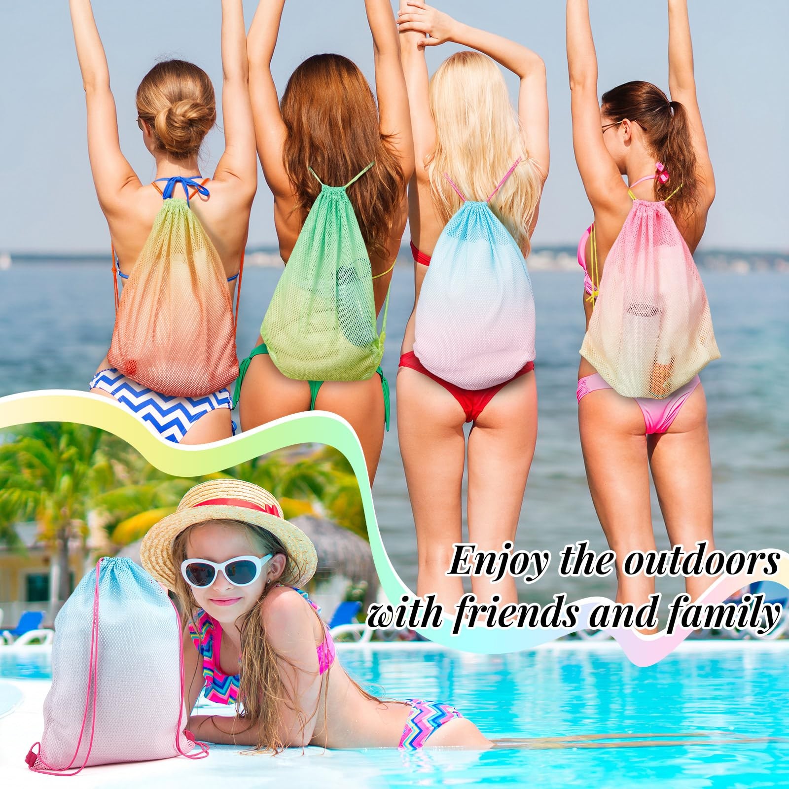 Mesh Drawstring Backpack 4 Pieces Colorful Beach Bag Swimming Gym Gear Sack