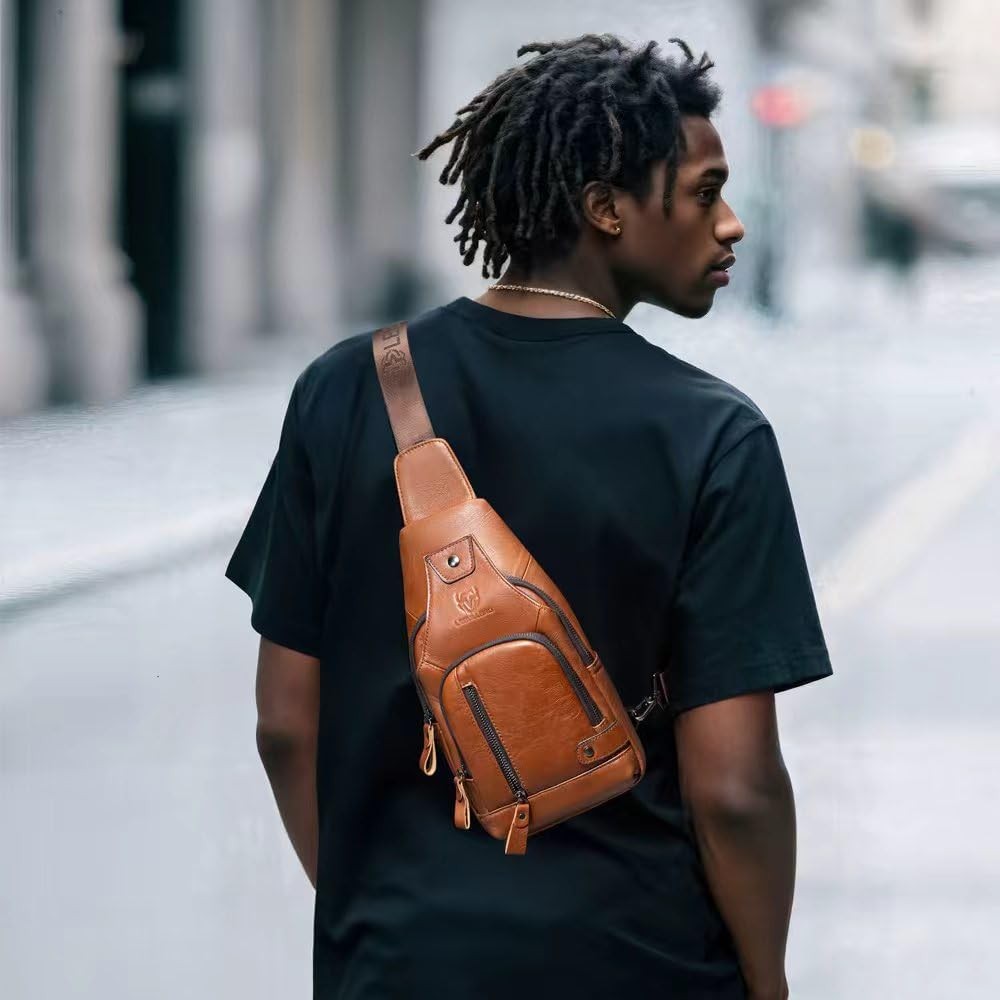 Sling Bag for Men Genuine Leather Chest Bag Crossbody Backpack Travel Hiking …