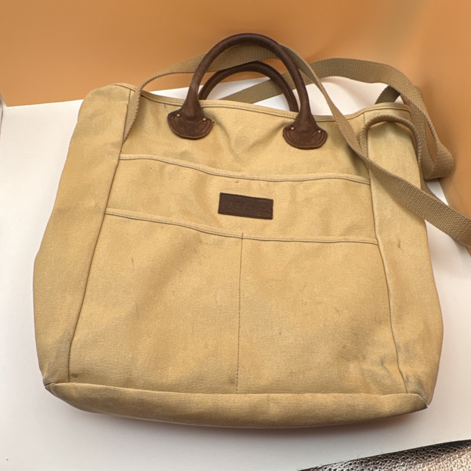 L.L. Bean Beige Brown Canvas Leather Tote Zip Top Handle Shoulder Strap Pockets