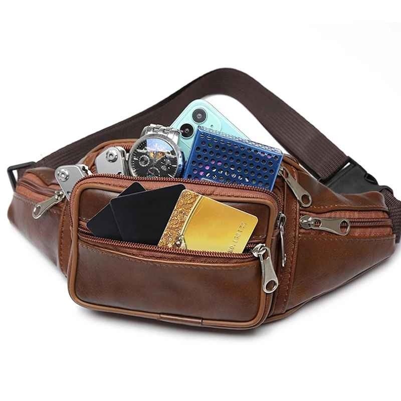 Fanny Pack Waist Bag Men Women PU Leather Multi Zippered Hip Belt Travel Purse