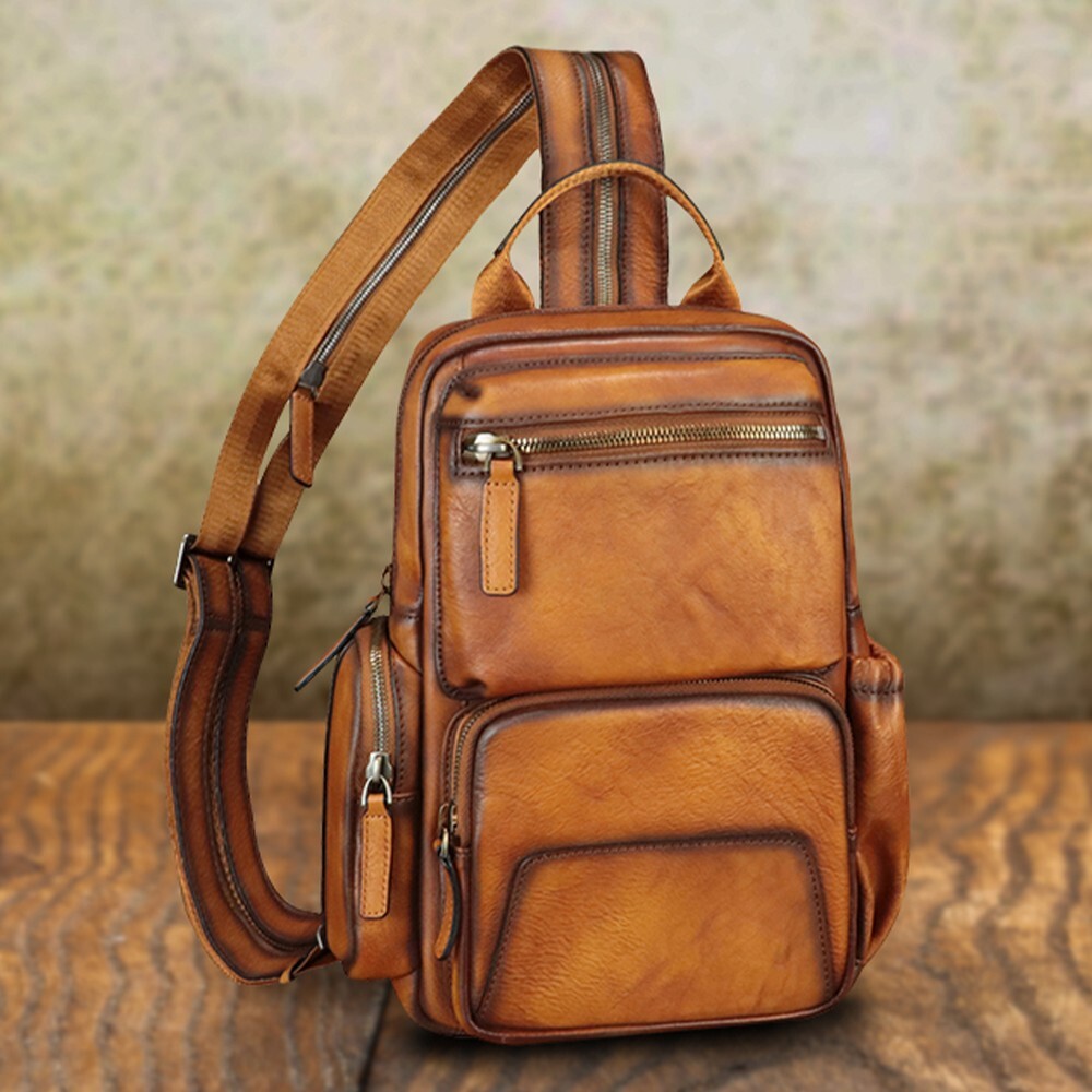 Genuine Leather Large Sling Bag for Men Women Crossbody Bag Sling Backpack Purse