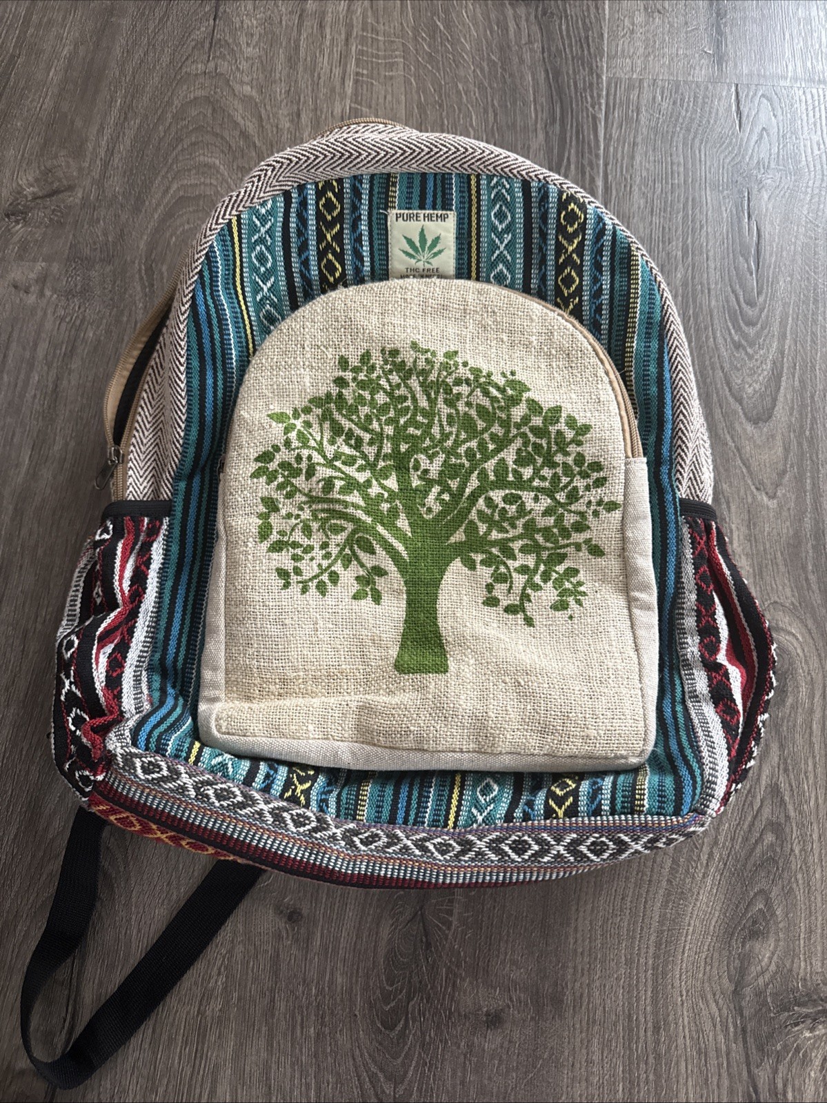 Hemp Backpack (Tree Of Life) With Laptop Pocket Nepal Fair Trade Hiking Boho