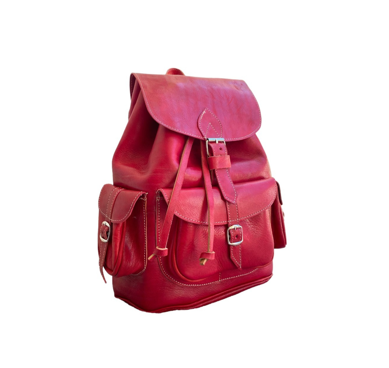Red Leather Backpack Handmade Morocco Belt Buckle Front Back Pocket Bag