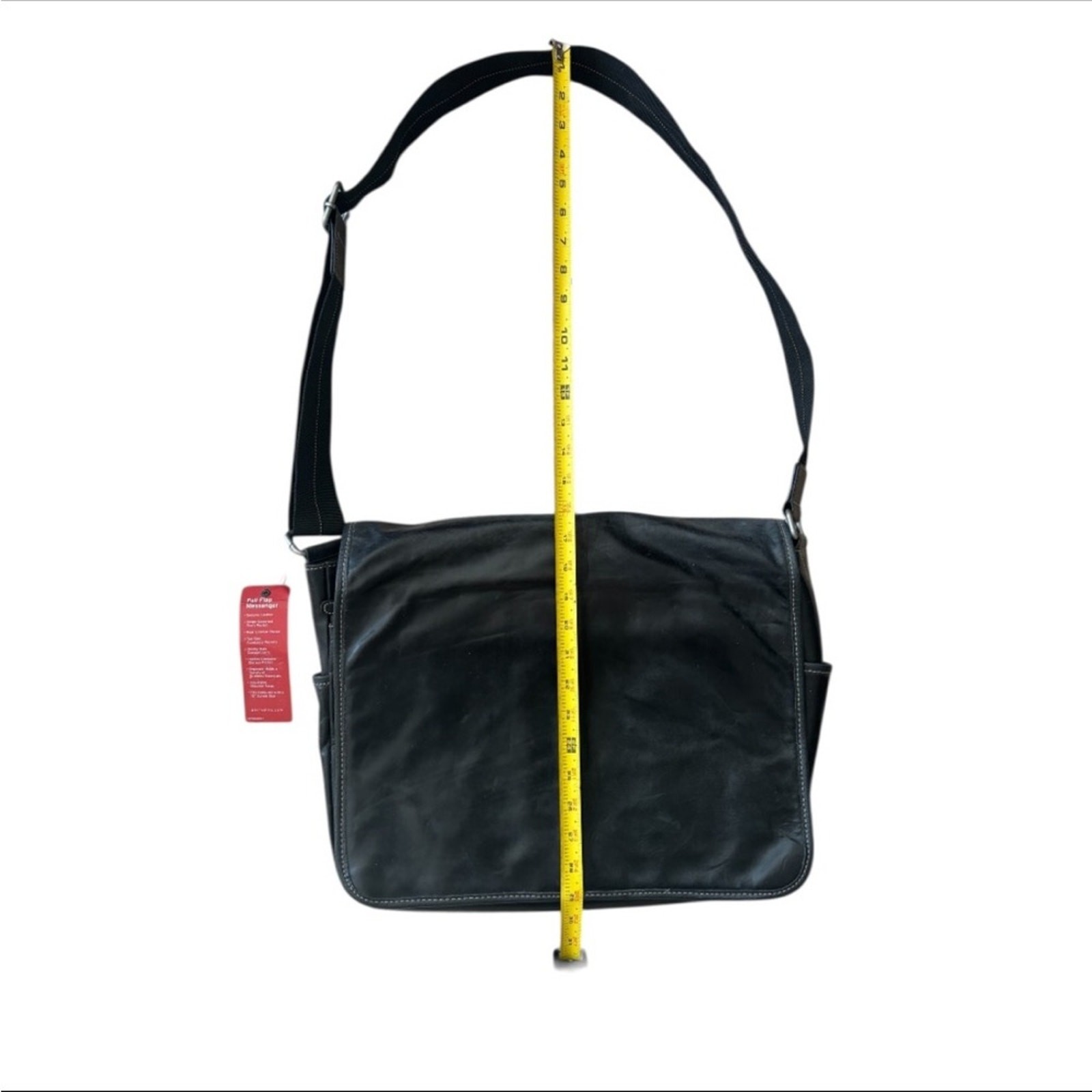 NWT Perry Ellis Portfolio Full Flap Black Leather Adjustable Messenger Bag