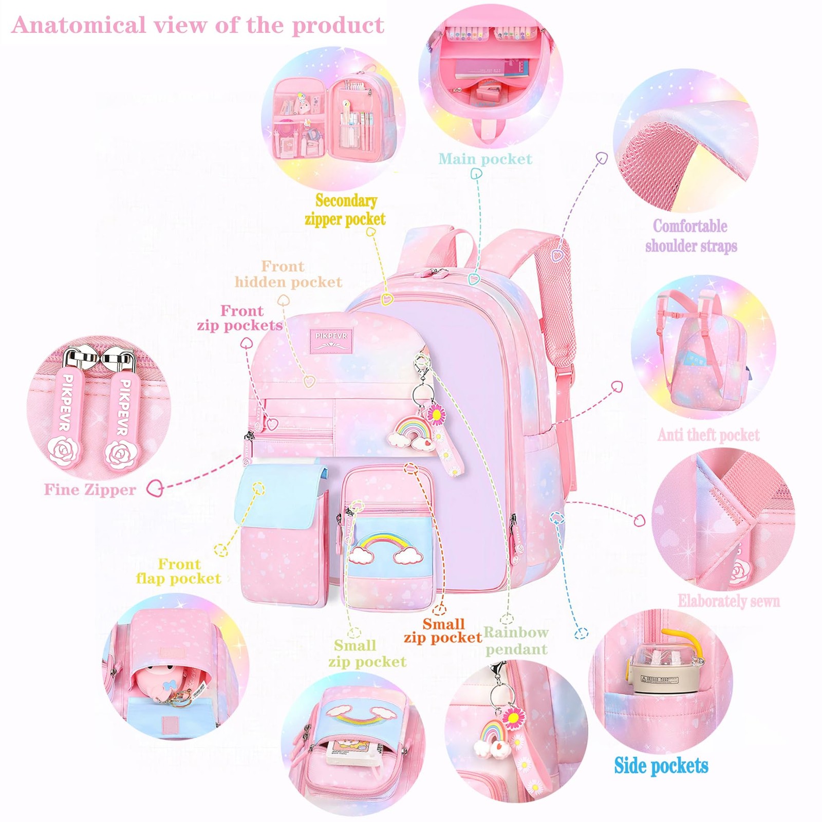 Girls Rainbow School Backpack for Elementary,Kawaii Bookbag 17.5in
