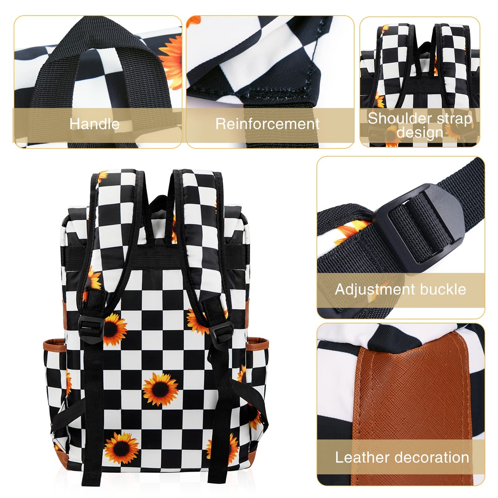 Checkered Sunflower Laptop Backpack for Girls Women, 15.6 inch College School…