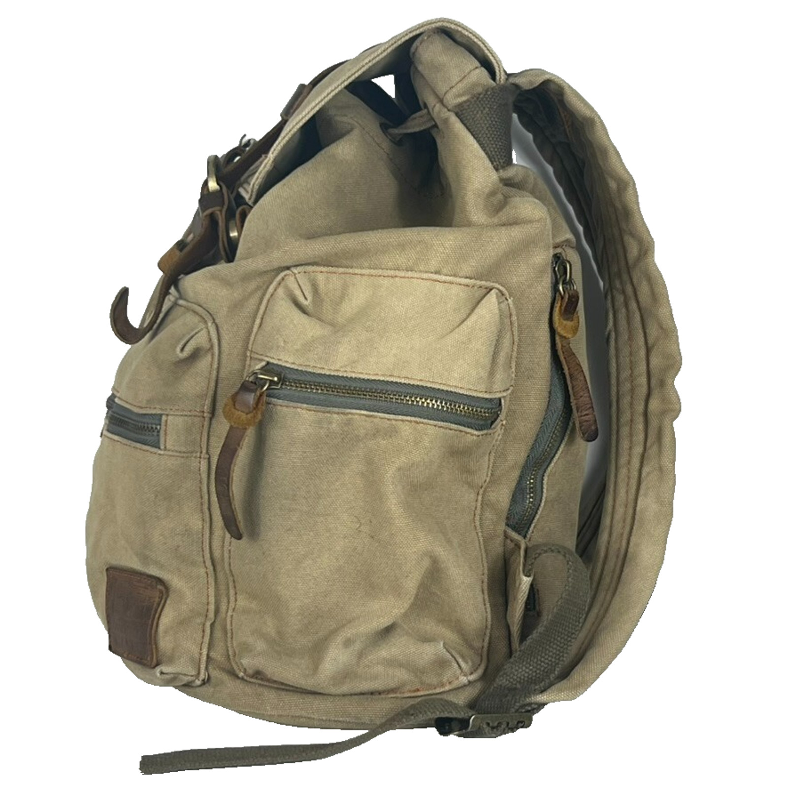 Augur Strauss Backpack Laptop Canvas Drawstring Leather Trim Boho Hiking Unisex
