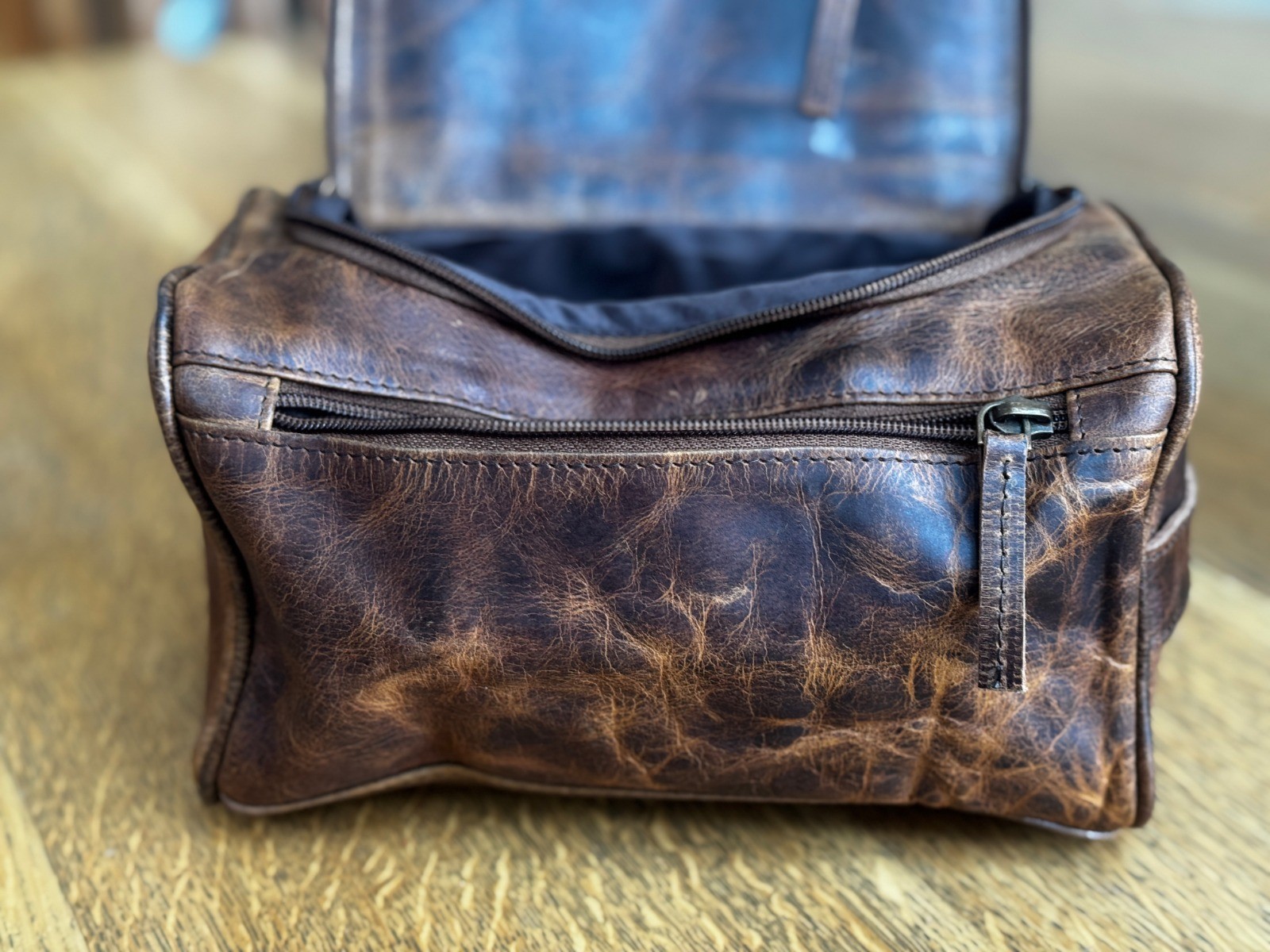 Medium size Grain Leather Dopp Kit Shaving Toiletry Travel Bag Dark Brown