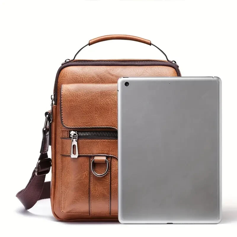 Unisex Light Brown Vintage Faux Leather Crossbody Business Bag Small(S)
