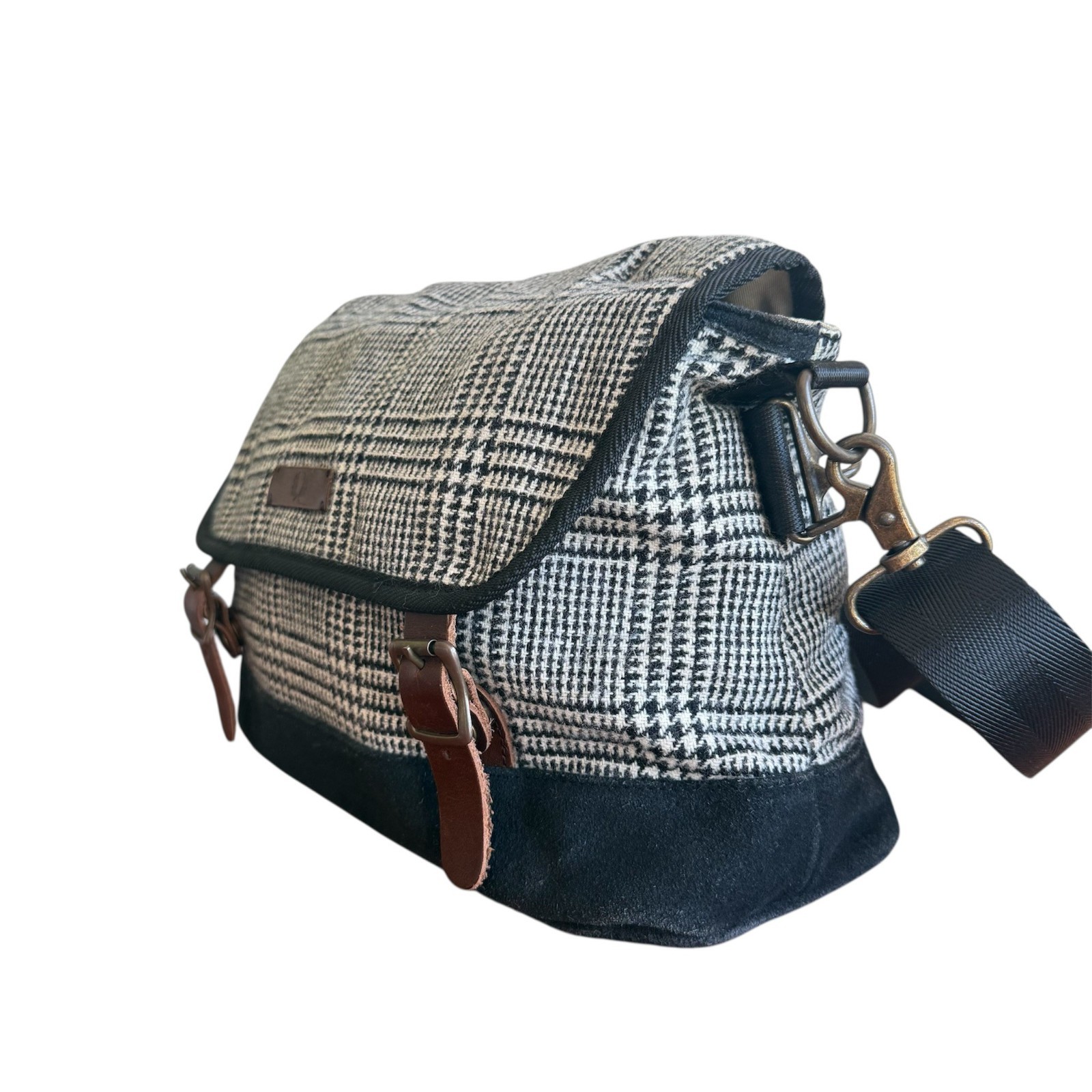 Authentic Fred Perry Crossbody Bag Black White Plaid Suede Leather Messenger