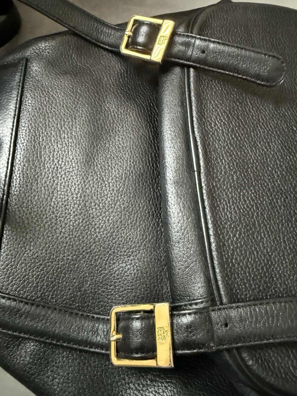 Authentic MCM Black Leather Studded Backpack Medium Drawstring Gold Hardware