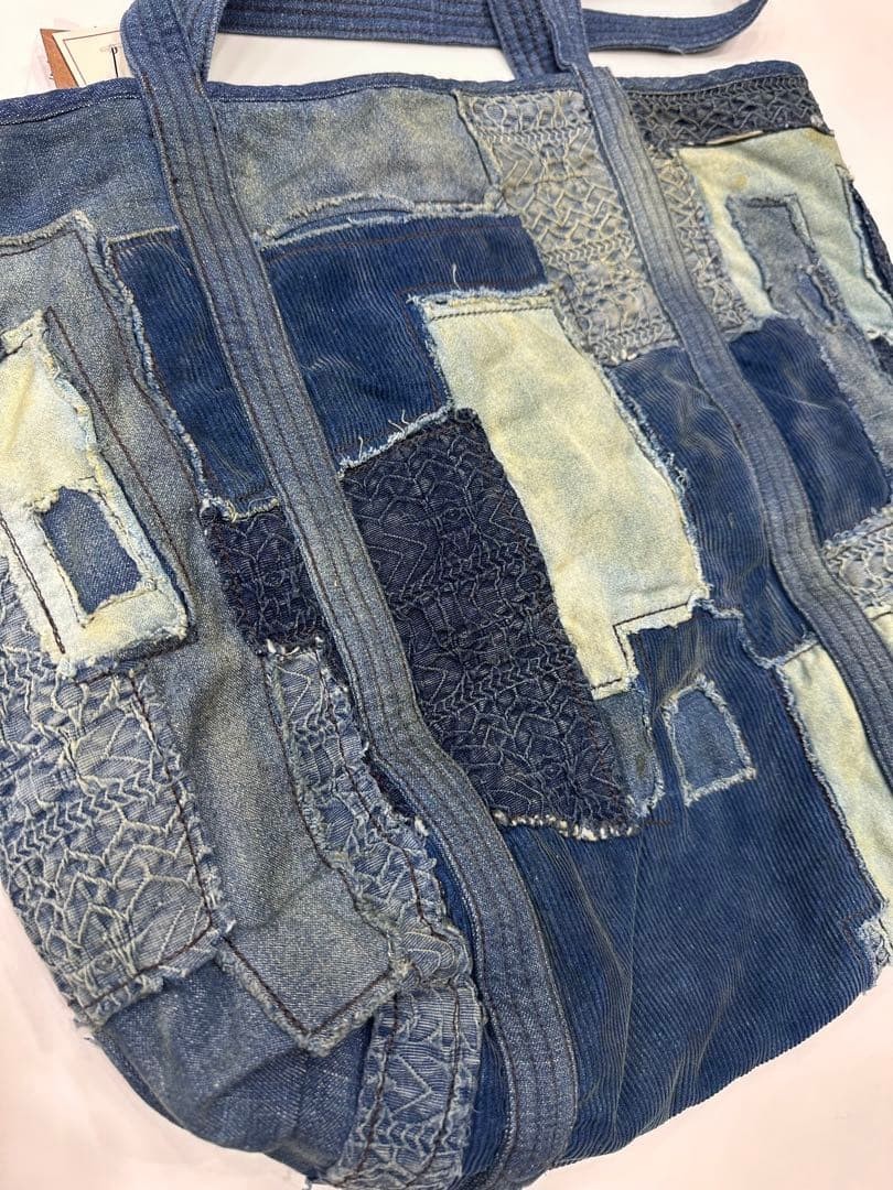 RRL Ralph Lauren Indigo Patchwork Cotton Leather Tote Bag 36x34cm