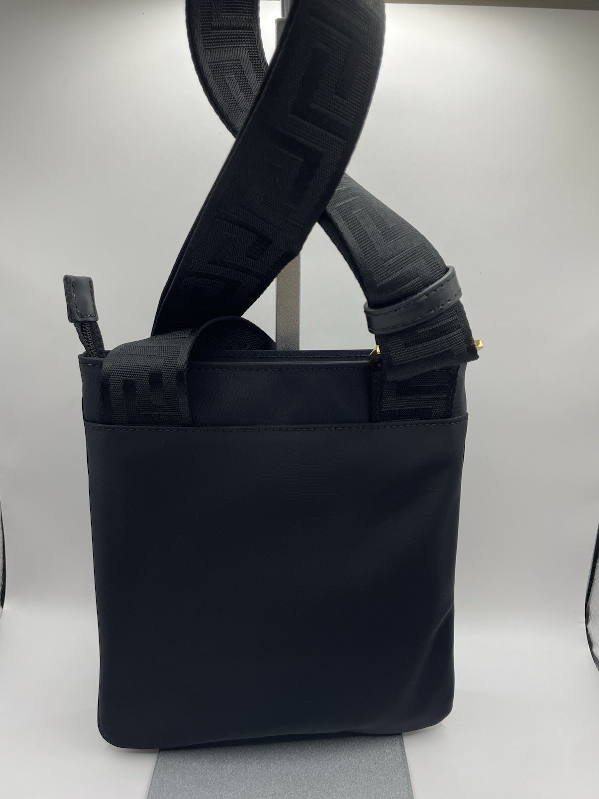 VERSACE Flat Crossbody Bag Fabric Calf Leather Black $800 Retail