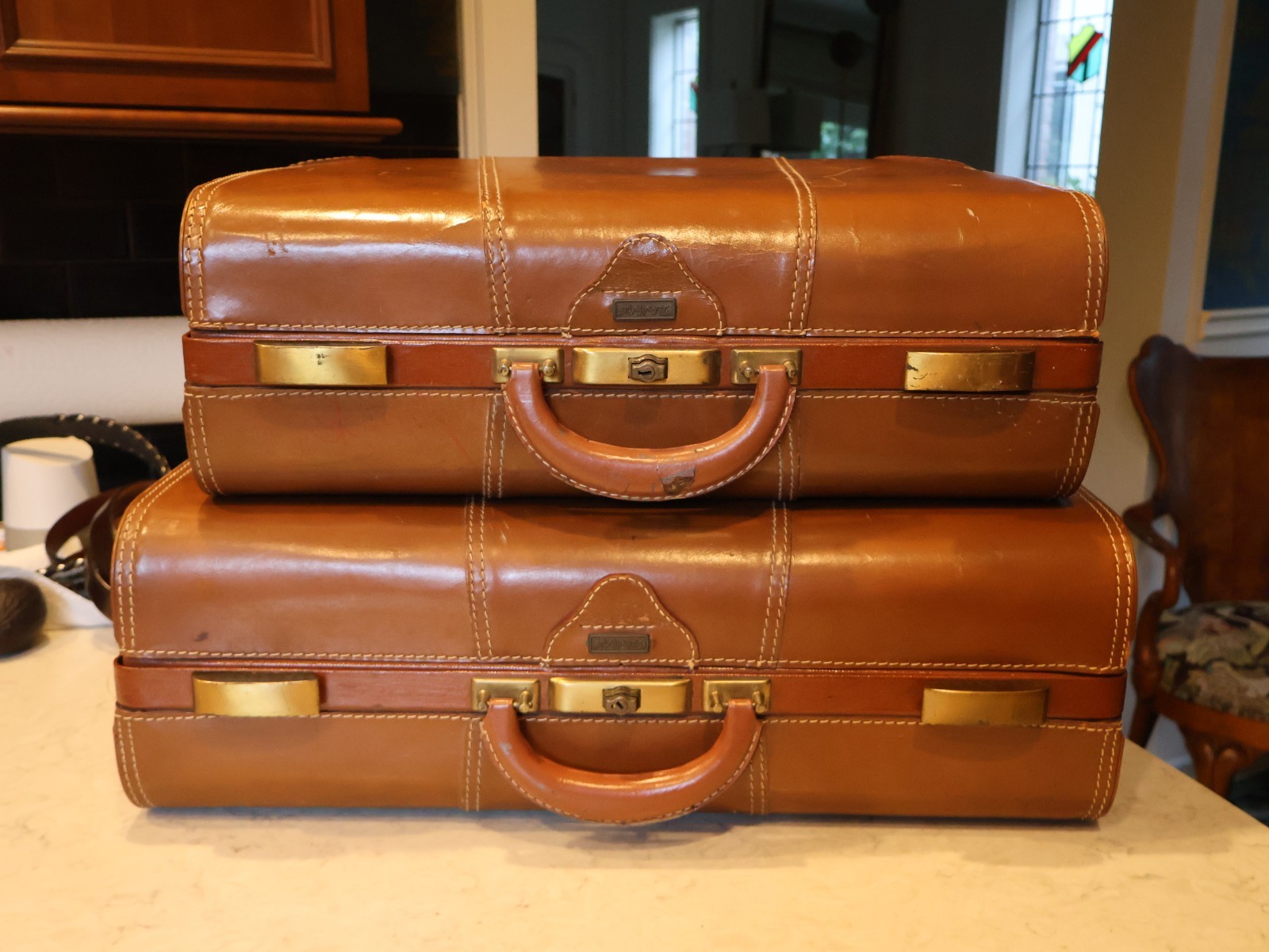 SET OF 2 Vintage Pak M Rite British Tan Leather Suitcases Luggage Nice