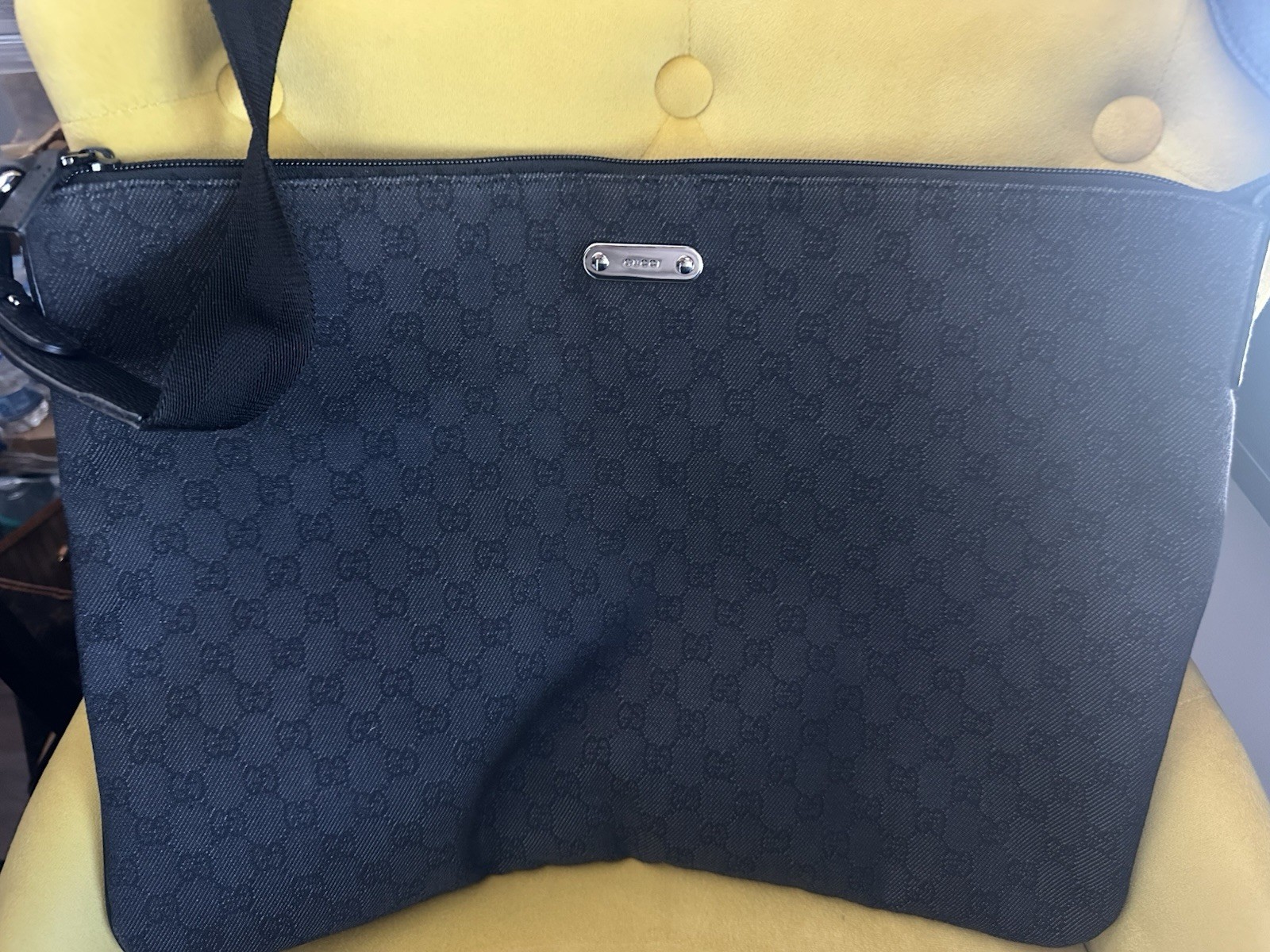 Gucci GG Black Denim Messenger Bag Adjustable Strap Inner Pocket – Authentic