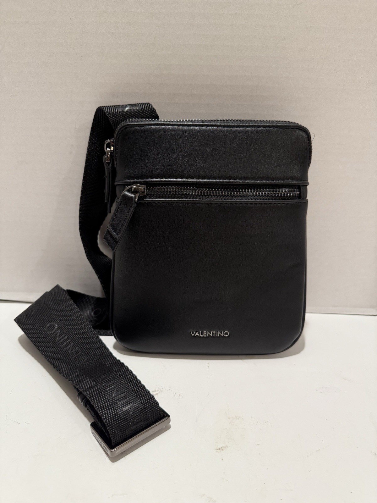 Valentino Mario Horizon Logo Mini Crossbody Shoulder Bag Black Zip Closure