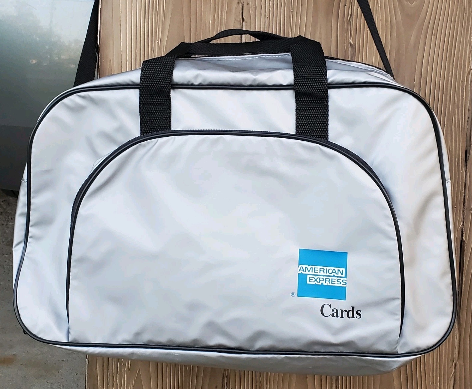 Vtg American Express Duffle Tote Bag Silver Vinyl Travel Bank Credit Card Promo