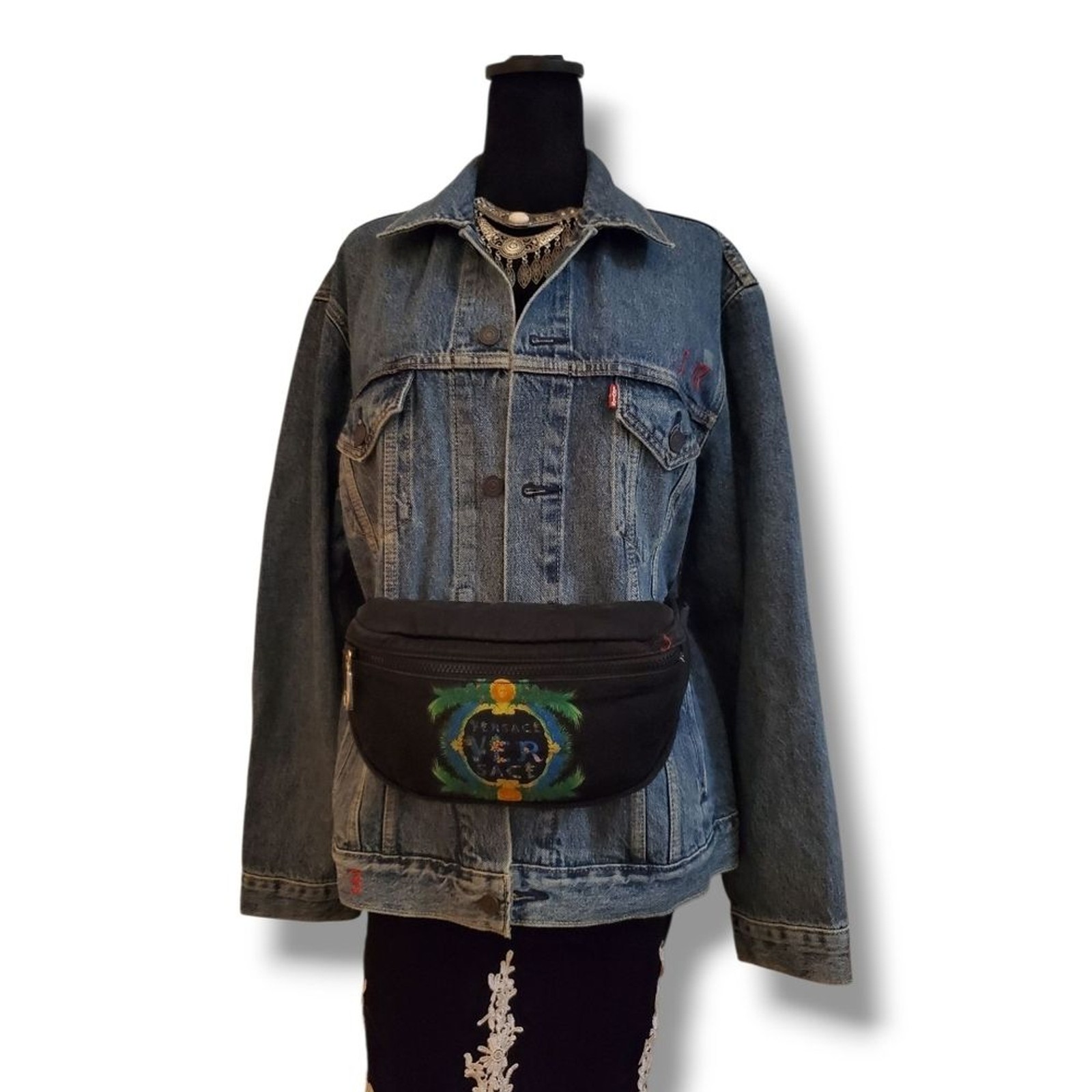 VERSACE Beverly Palm Miami Black Belt Bag with Vibrant Graphic Waist Sling Bag