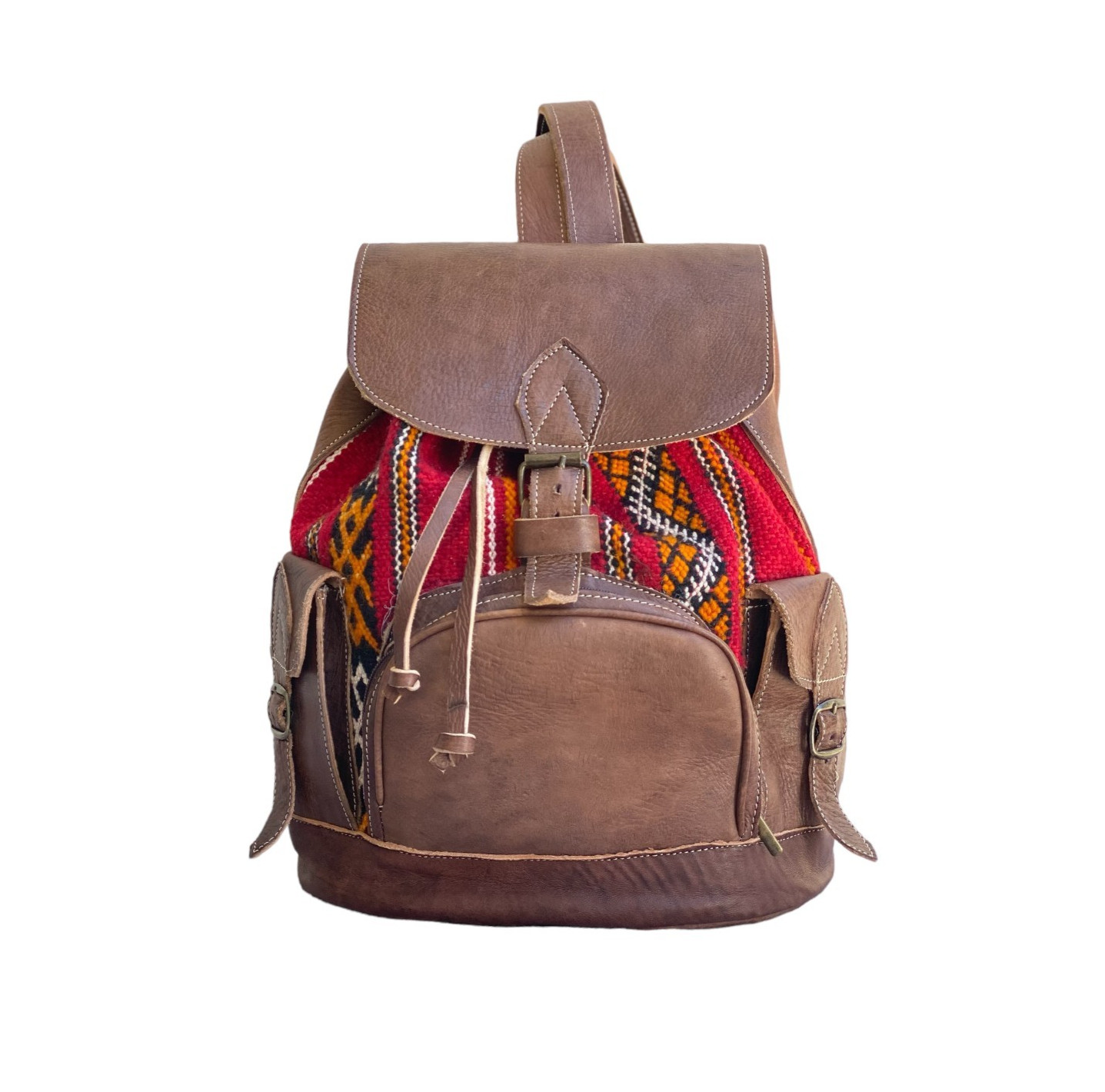 Brown Leather Kilim Backpack Red Handmade Morocco 2 Zip Pockets Artisan
