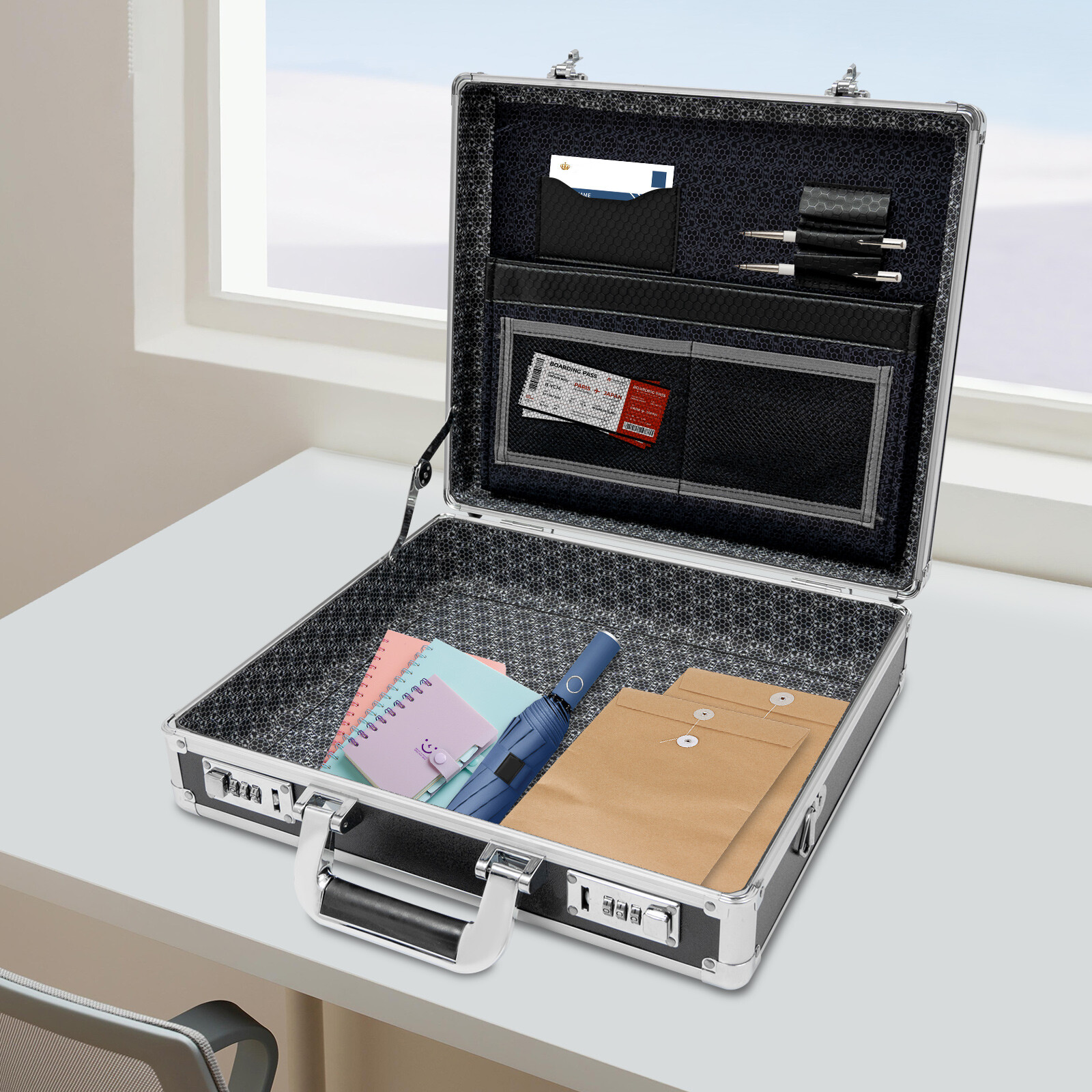 Aluminum Hard Case Big Capacity with Combination Lock Briefcase with Pocket New