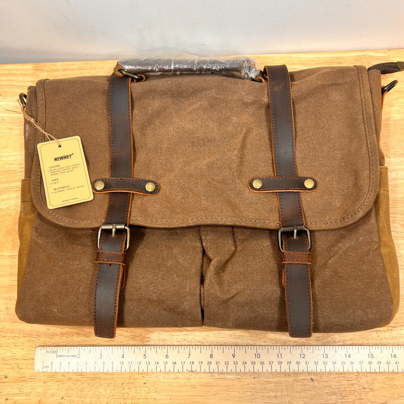 Newhey Waxed Canvas Leather Messenger Bag Coffee Brown 16 Inch Laptop NWT