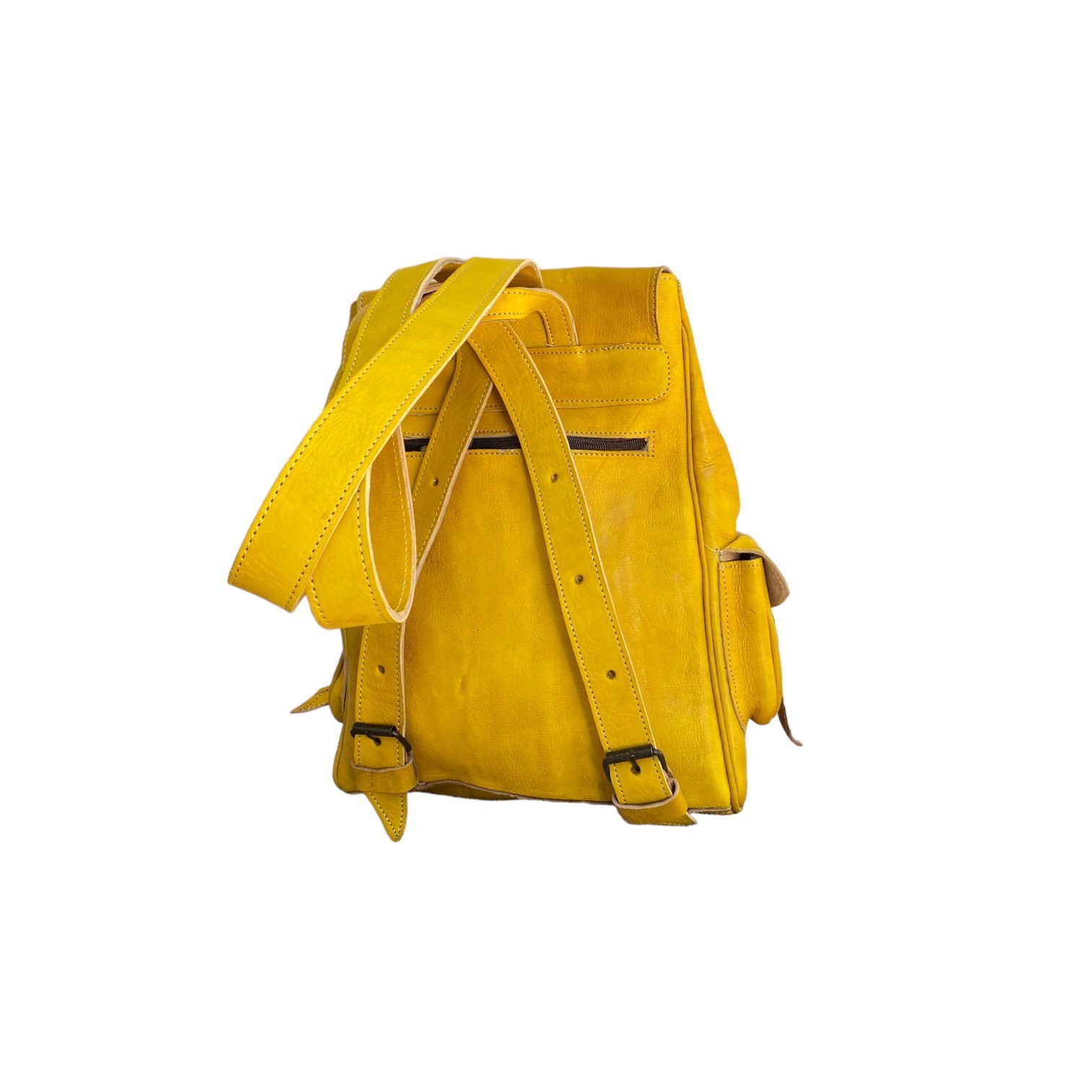 Yellow Leather Backpack Handmade Morocco Belt Buckle Front Back Pocket