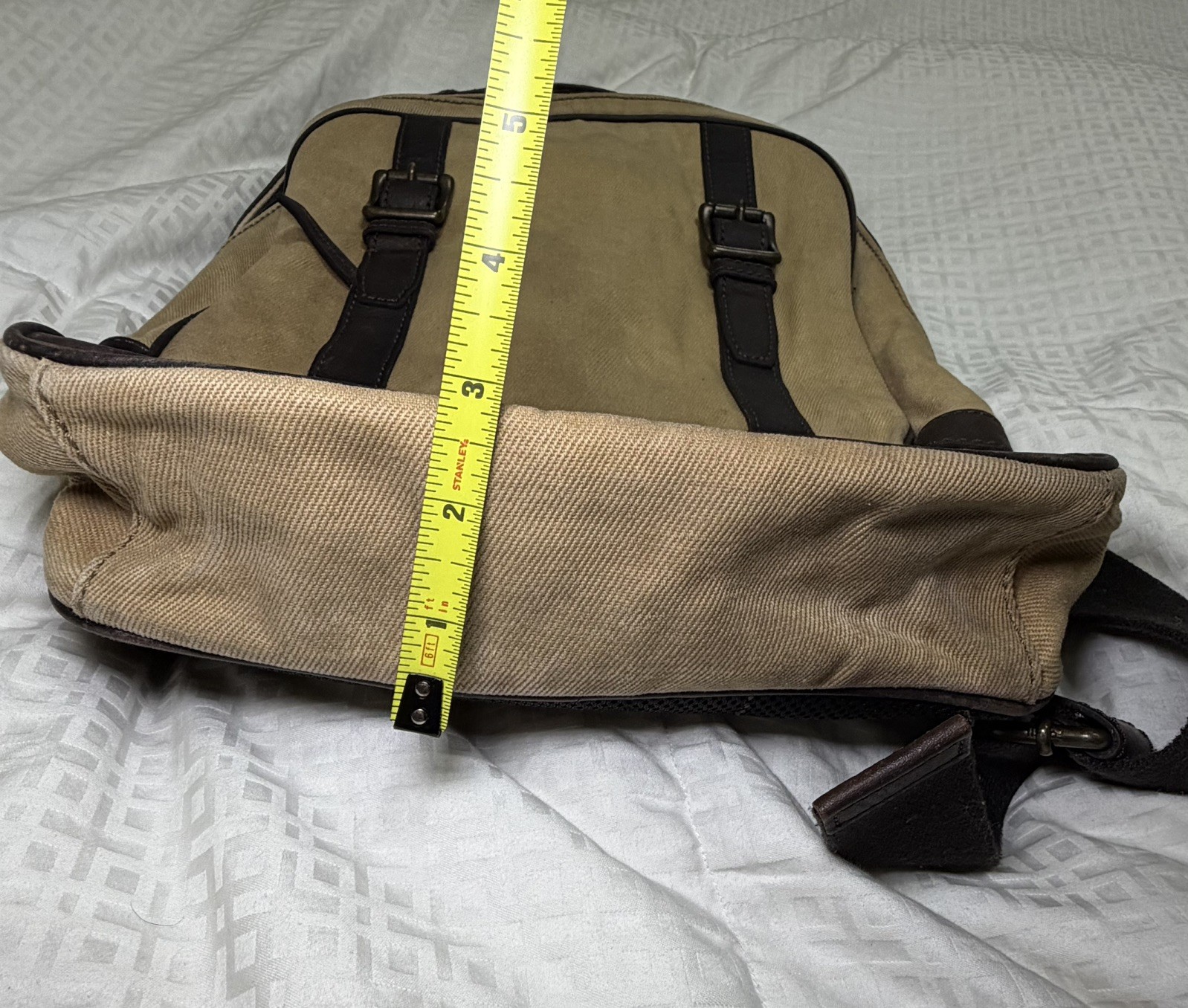 FOSSIL Estate Backpack Rugged Canvas Brown Leather Trim Padded Zip