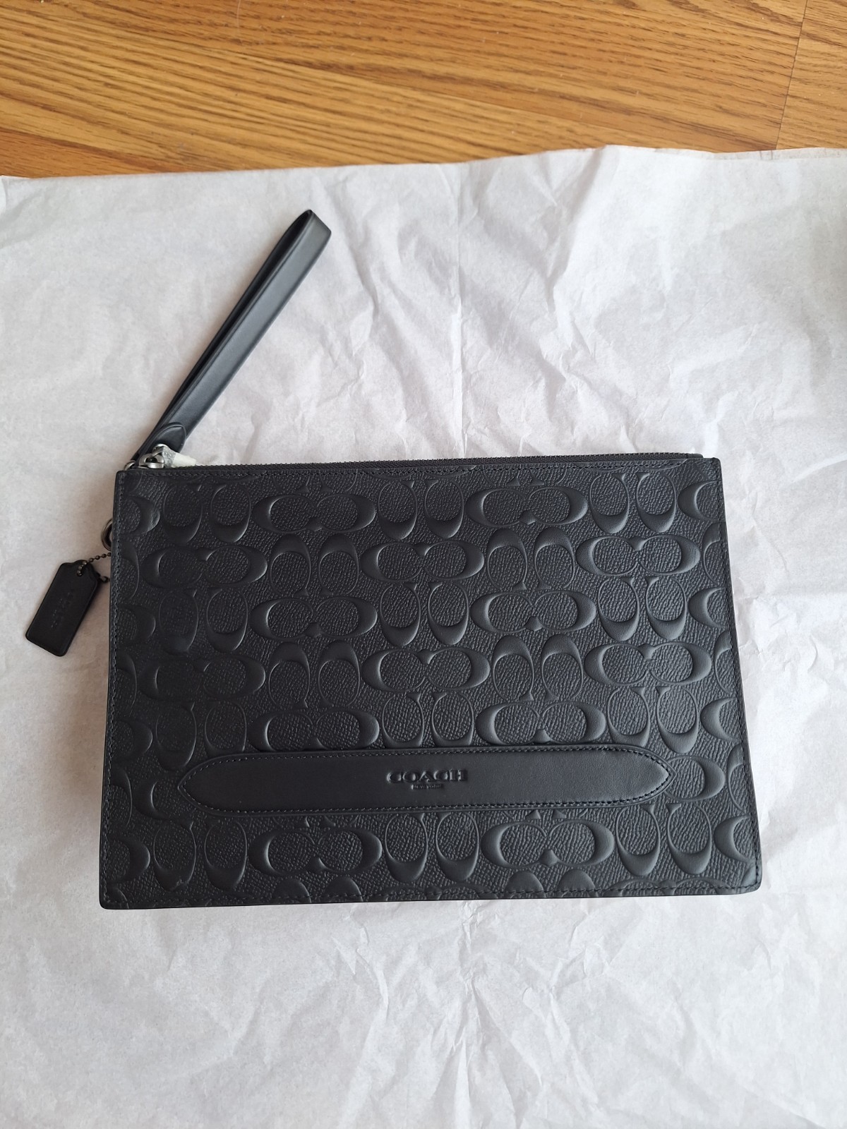 New Coach Black Leather Embossed Signature Logo Clutch Wrist Bag F75914 NWT