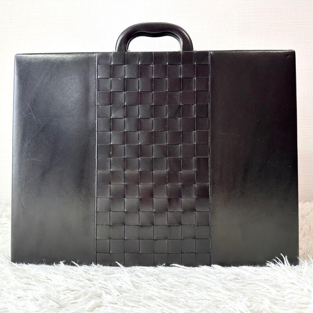 Bally Intrecciato Leather Pilot Case Black Gold Lock A4 PC Briefcase Italy