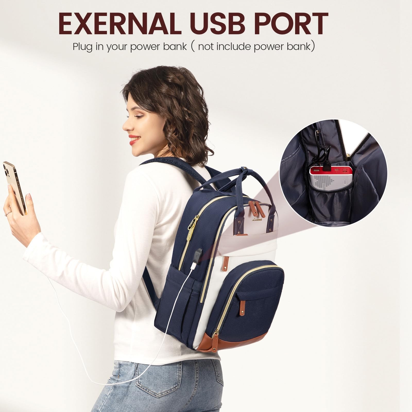 Women’s 15.6 Inch Laptop Backpack, Waterproof Anti~theft Bag, Beige~Blue~Brown