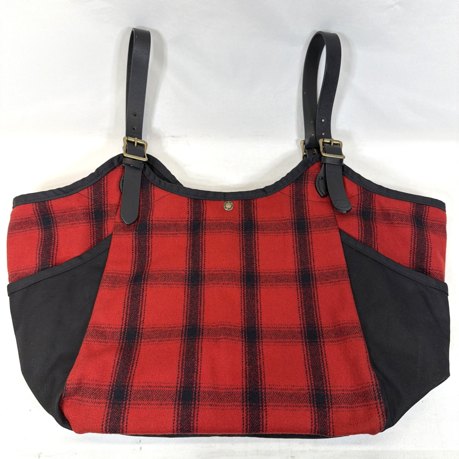 Filson Mackinaw Tote Bag Buffalo Check Plaid Red Wool Bridle Leather Made USA