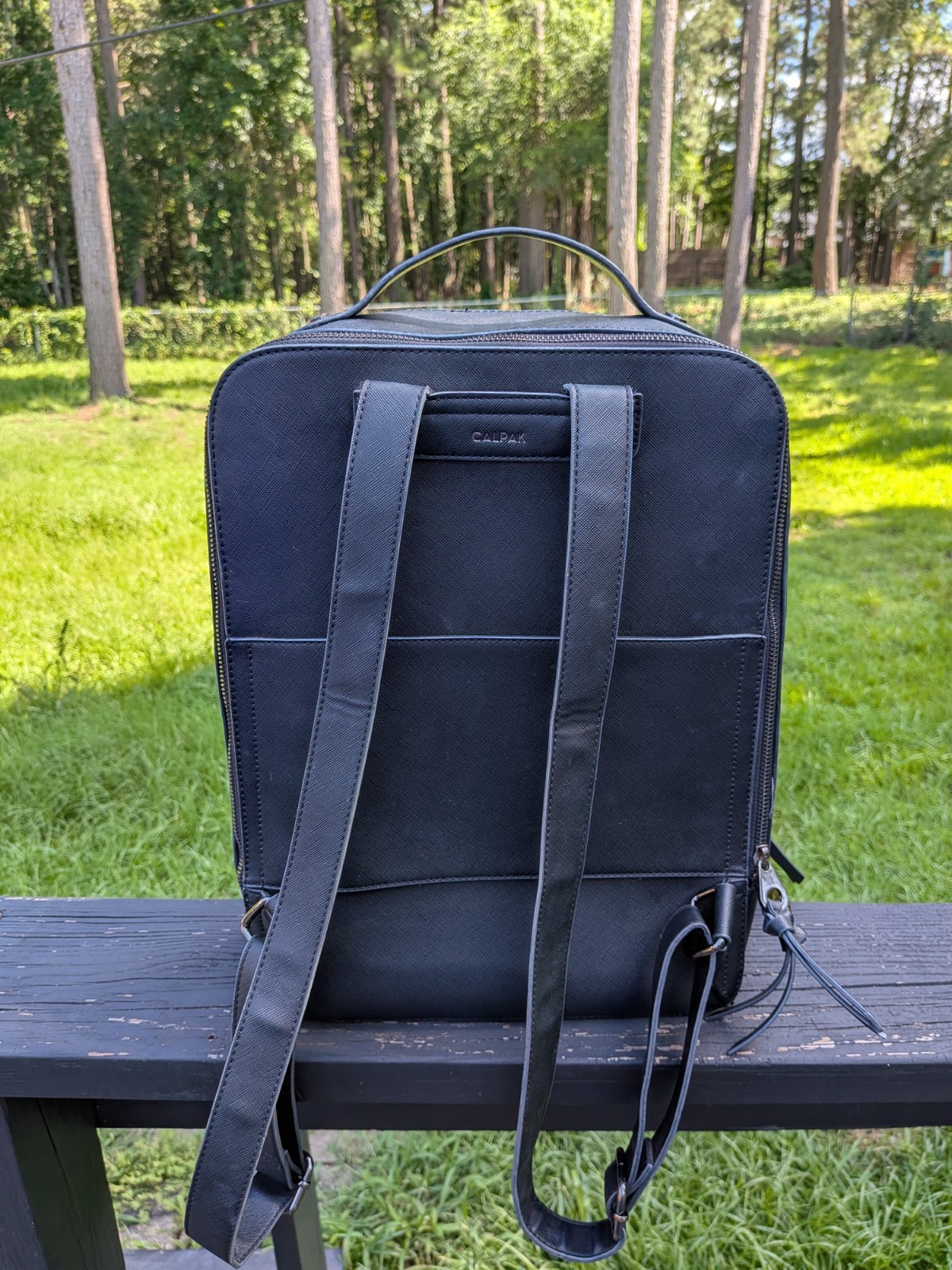 CALPAK Black Backpack, Zip Closure, Top Handle, Front Zip Pocket, Unisex
