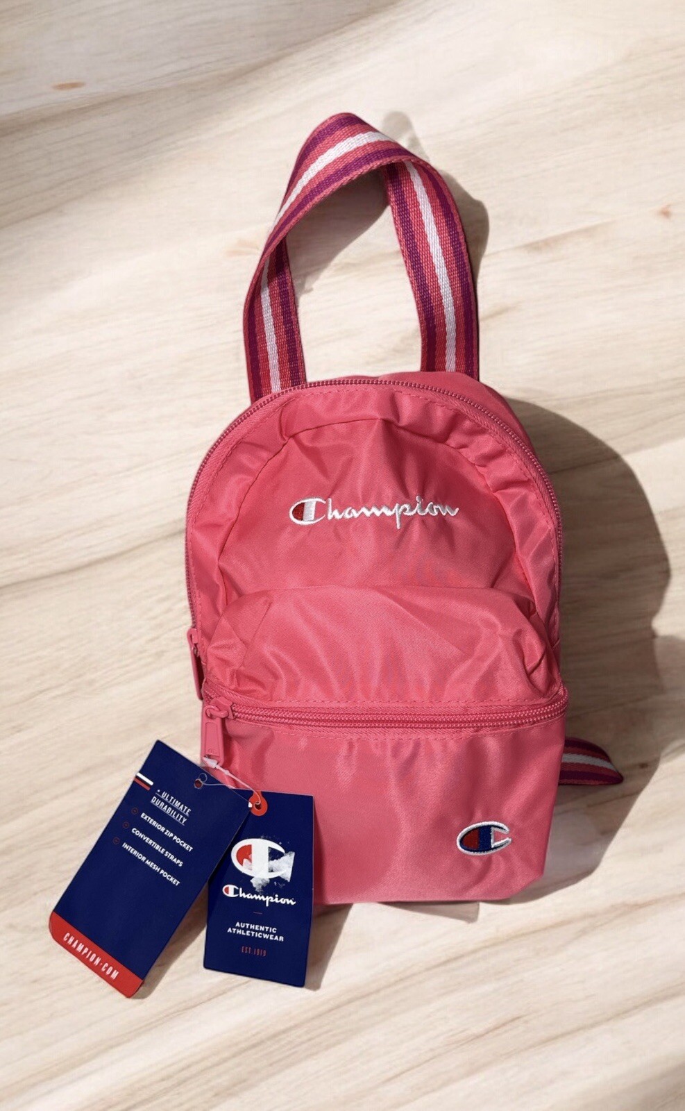 Champion Mini Backpack Pink White Zipper Pockets Adjustable Straps Logo