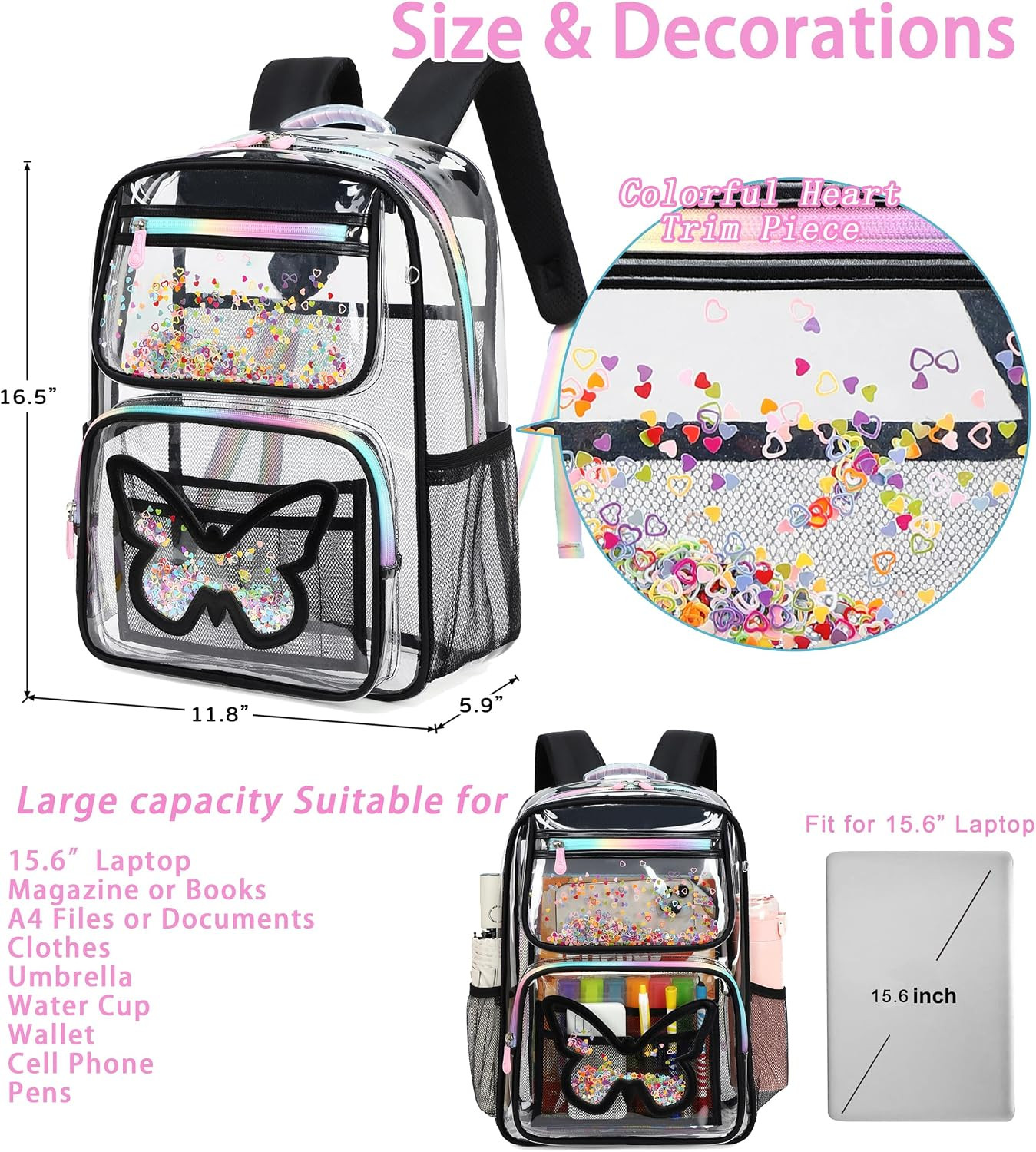 Clear Backpack for School,Large Bookbag Heavy Duty See through Butterfly Backpac