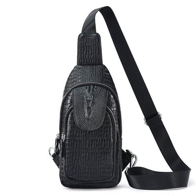 Black Real eather Sling Backpack, Men’s Crossbody Chest Bag Crocodile Pattern